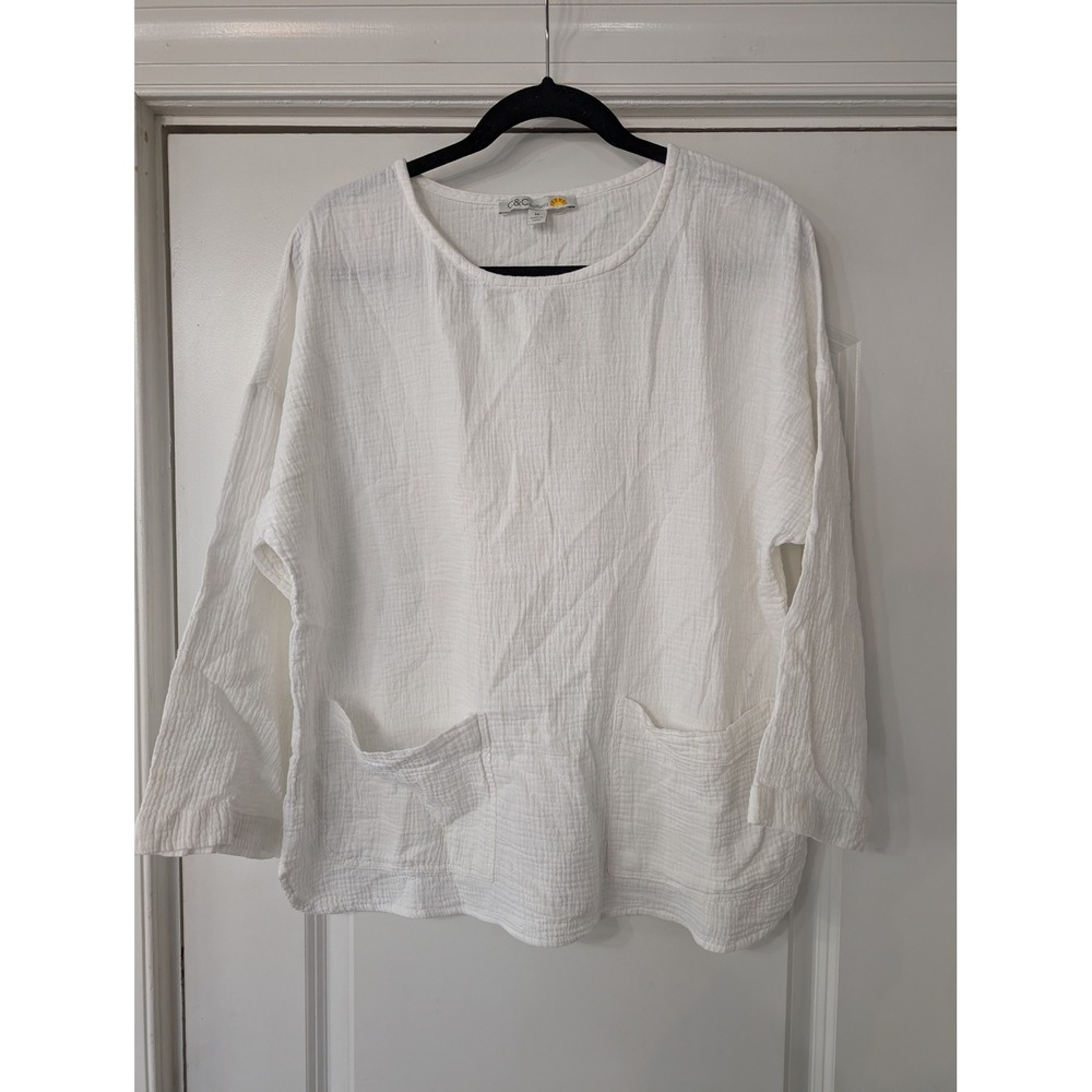 C&C California White Cotton Gauze Long Sleeve Pocket Top Medium coastal beachy